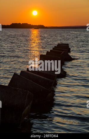 Dragons Teeth, blocs de défense de pièges de chars de la Seconde Guerre mondiale, à Studland, Dorset Royaume-Uni au coucher du soleil en juillet Banque D'Images