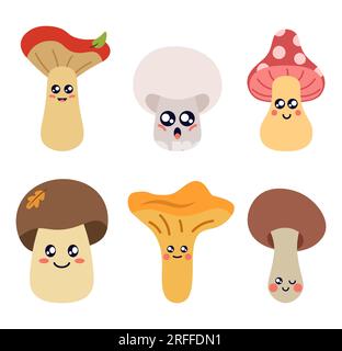 Champignons drôles avec des visages. Illustration vectorielle de style plat Illustration de Vecteur