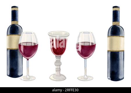 Bouteille de vin rouge, verre et ensemble d'illustrations d'aquarelle en gobelet transparent. Accessoires vintage pour kiddush et Shabbat Banque D'Images