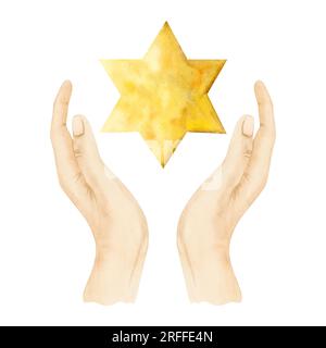 Étoile d'or jaune de David aquarelle tenant dans les mains illustration. Figure géométrique hexagramme à six pointes Banque D'Images