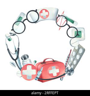 Cas médical rouge, trousse de premiers soins avec stéthoscope, injections, plâtre, pilules et lunettes. Illustration à l'aquarelle, dessinée à la main. Couronne, cadre, gabarit Banque D'Images