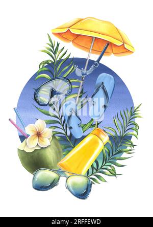 Feuilles tropicales avec masque de plongée parasol jaune plage et tuba, lunettes de soleil, tongs, cocktail à la noix de coco et crème solaire. Illustration à l'aquarelle Banque D'Images