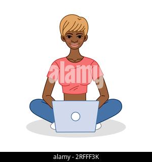 Programmeur, testeur, illustration de dessin animé de personnage de fille de concepteur de Web. African American Woman Software Developer à Computer. Test, codage, concept de programmation. Illustration vectorielle plate. Illustration de Vecteur