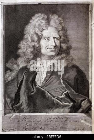 Portrait de Nicolas Boileau, dit aussi Boileau Despreaux (Boileau-Despreaux) (1636-1711) poete, ecrivain. Gravure pour illustrer les oeuvres de M.Boileau Despreaux, avec des éclats historiques, tome premier, édition Fabre et Barillot, 1735, Genève. Banque D'Images