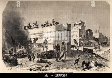 Une scene funeraire a Calcutta (Inde), dessin pour illustrer le voyage du comte Emmanuel Andrasy, en 1849, aux indes britanniques . Gravure dans 'le tour du monde, nouveau journal des voyages' Paris, 1860. Banque D'Images