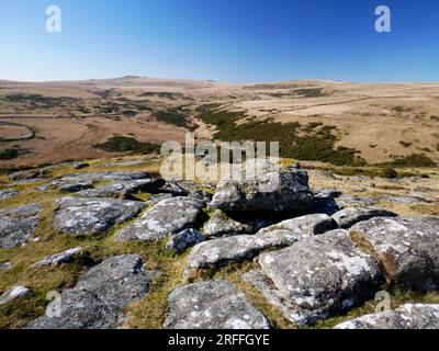 Vue sur la vallée de l'East Dart depuis Hartland Tor, Postbridge, Dartmoor. Banque D'Images