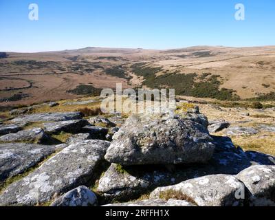 Vue sur la vallée de l'East Dart depuis Hartland Tor, Postbridge, Dartmoor. Banque D'Images