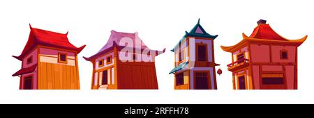 Extérieur des maisons chinoises dans l'ensemble d'illustration vectorielle de dessin animé. Diverses maisons orientales traditionnelles pour des paysages de ville ou de village. Chinatown anciens bâtiments avec des toits typiques. Architecture asiatique. Illustration de Vecteur