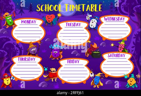 Calendrier de l'éducation. Sorciers de vitamine de dessin animé et sorciers dans la forêt de nuit Halloween. Modèle de planificateur hebdomadaire de vecteur scolaire avec B5, D, U, B1 Illustration de Vecteur