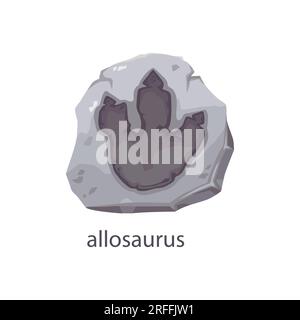 Empreinte de dinosaure en pierre fossile, archéologie et silhouette de pied de dino, vecteur de dessin animé. Empreinte de dinosaure Allosaurus avec trois griffes, Jurassique exti Illustration de Vecteur