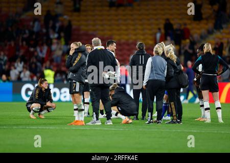 Brisbane, Australie. 03 août 2023. Brisbane, Australie, le 3 août 2023 : les joueuses allemandes semblent déprimées et déçues après le match de football du groupe H de la coupe du monde féminine 2023 de la FIFA entre la Corée du Sud et l'Allemagne au Brisbane Stadium de Brisbane, en Australie. (James Whitehead/SPP) crédit : SPP Sport Press photo. /Alamy Live News Banque D'Images