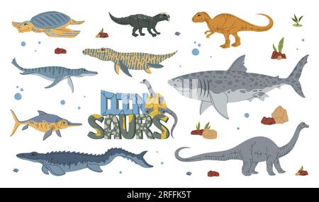 Personnages de dinosaures de dessin animé, Jurassic Park dino reptiles et lézards, vecteurs enfants monstres. Dinosaures et reptiles éteints du créatur aquatique Jurassique Illustration de Vecteur