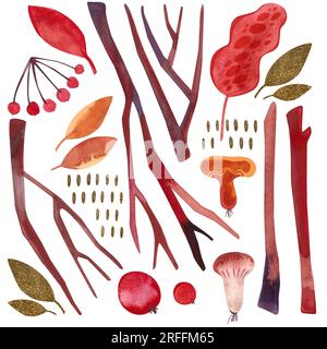 Ensemble d'objets d'automne aquarelle : feuilles, branches, champignons, baies. Illustration isolée. Clipart. Illustration raster pour l'emballage, salutation ca Banque D'Images