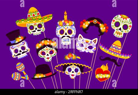 Journée mexicaine des masques de cabine photo morts. Masques de fête de vacances dia de los muertos. Vecteur Calavera crânes de sucre, sombrero, moustaches et tête de chat avec mar Illustration de Vecteur