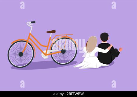 Design plat graphique dessinant la vue arrière d'un couple marié romantique assis à l'extérieur avec un vélo à côté d'eux. Homme heureux et jolie femme dans l'amour Wearin Banque D'Images