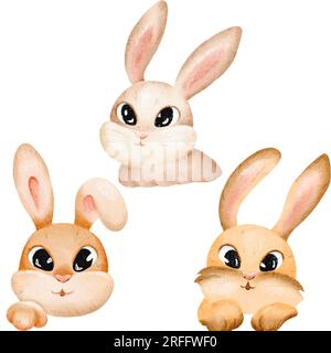 Set aquarelle lapin et lapin. Lapins et lapins dessinés à la main de différentes couleurs. élément d'illustration lièvre. Personnages mignons pour pâques, Noël Banque D'Images