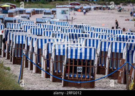 Boltenhagen, Allemagne. 03 août 2023. Des chaises de plage vides se tiennent à côté de la jetée sur la côte de la mer Baltique. Le temps dans le nord de l'Allemagne est actuellement frais et pluvieux. Crédit : Jens Büttner/dpa/Alamy Live News Banque D'Images