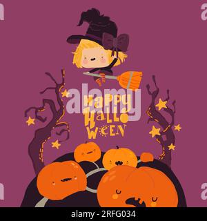 Mignon Halloween Redheaded Witch volant sur le balai au-dessus de Pumpkins Illustration de Vecteur