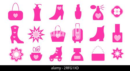 Accessoires beauté ensemble d'icônes de poupée rose. Tenue pour fille Illustration de Vecteur