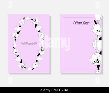 Vector Set de cartes de luxe, modèles avec tulipes de fleurs dessinées à la main pour anniversaire, mariage, invitation d'anniversaire sur fond rose Illustration de Vecteur