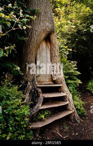 Portes de fées sculptées dans le bois dans le tronc des arbres dans Northumberland Park, North Shields et Tynemouth, North Tyneside, Angleterre Banque D'Images