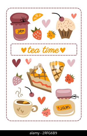 Jeu d'éléments Teatime. Tasses, bonbons et baies. Serviette de cuisine design. Parfait pour scrapbooking, carte de voeux, autocollants. Illustration vectorielle plate. Illustration de Vecteur