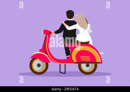 Dessin de style plat de dessin de dessin de dessin de dessin de dos de cavaliers mariés voyage de couple. Moment romantique de lune de miel avec serrement. Homme femme avec robe de mariée équitation scooter Banque D'Images