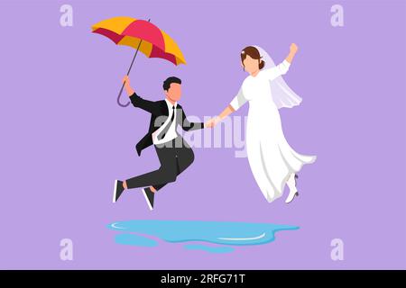 Personnage plat dessin mignon couple dans l'amour marchant sous la pluie avec parapluie et sauter. Homme et femme portant une robe de mariée. Couple marié romantique Banque D'Images