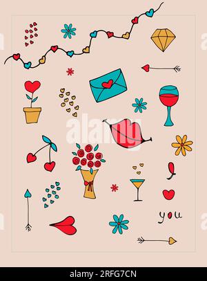 Ensemble de doodles colorés dessinés à la main Valentine, ou des cartes, fond de voeux Illustration de Vecteur