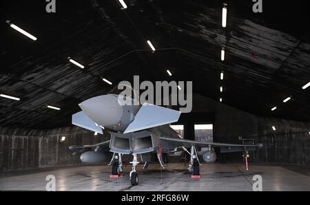 Keflavik, Islande. 03 août 2023. Un Eurofighter se tient dans un hangar pendant l'exercice Rapid Viking 2023 au-dessus de l'Islande. Pour la première fois depuis plus de 10 ans, l'armée de l'air allemande s'entraîne à nouveau avec des avions de chasse en Islande. Le Grand Nord gagne de plus en plus en importance géopolitique. Crédit : Britta Pedersen/dpa/Alamy Live News Banque D'Images