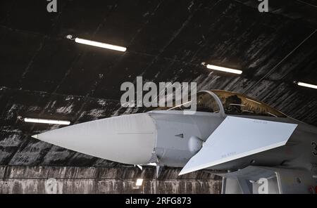 Keflavik, Islande. 03 août 2023. Un Eurofighter se tient dans un hangar pendant l'exercice Rapid Viking 2023 au-dessus de l'Islande. Pour la première fois depuis plus de 10 ans, l'armée de l'air allemande s'entraîne à nouveau avec des avions de chasse en Islande. Le Grand Nord gagne de plus en plus en importance géopolitique. Crédit : Britta Pedersen/dpa/Alamy Live News Banque D'Images