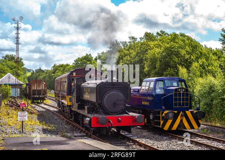 Doon Valley Railway locomotive à vapeur et wagon approchant de la gare de Dunskin Banque D'Images