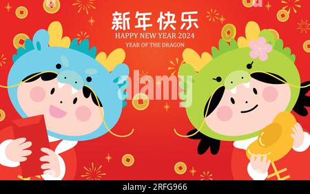 Deux enfants avec des dragons chinois costumes bannière du nouvel an. Enfants garçon et fille tenant enveloppe rouge et sycee lingot yuanbao pour le nouvel an chinois. Illustration de Vecteur