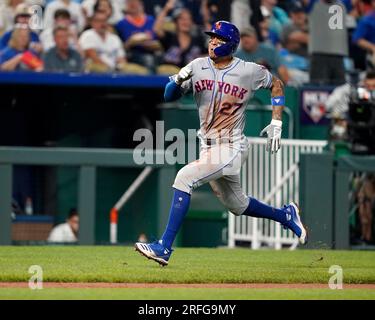 02 AOÛT 2023 : Mark Vientos (27), troisième joueur des mets de New York, participe à la course à domicile au Kauffman Stadium Kansas City, Missouri. Jon Robichaud/CSM. Banque D'Images