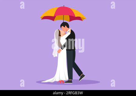 Personnage plat dessin couple romantique dans l'amour sous la pluie avec parapluie. Homme et belle femme embrassant et embrassant avec robe de mariée. Coupé marié Banque D'Images