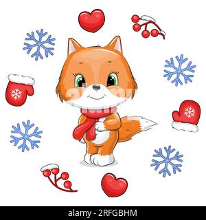 Mignon renard de dessin animé avec une écharpe rouge dans un cadre d'hiver. Illustration vectorielle d'un animal avec des coeurs, des mitaines, des baies, des flocons de neige sur un fond blanc. Illustration de Vecteur