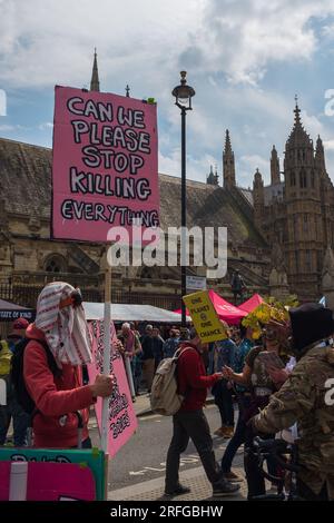 Londres, Royaume-Uni, 2023. Sur St Margaret Street, un militant pour le climat tient un panneau rose qui dit, pouvons-nous arrêter de tout tuer (vertical) Banque D'Images