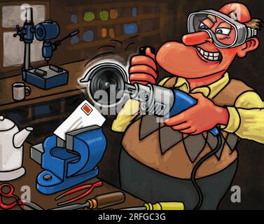 Concept art homme avec lettre dans l'étau essayant de l'ouvrir avec meuleuse d'angle, référençant des lettres difficiles à ouvrir, ouvrant lettre d'enveloppe sans la déchirer Banque D'Images