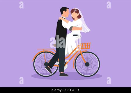 Dessin de conception plate graphique de couple marié aimant, homme et femme assis sur le vélo et embrassant. Relation humaine romantique, histoire d'amour, fami nouveau-né Banque D'Images