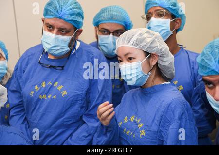 (230803) -- NANJING, 3 août 2023 (Xinhua) -- le docteur Tao Yuwen parle des détails d'une opération avec des travailleurs médicaux étrangers d'un séminaire médical au centre d'endoscopie digestive de l'hôpital de la province de Jiangsu à Nanjing, capitale de la province de Jiangsu dans l'est de la Chine, le 1 août 2023. Ces dernières années, l'hôpital de la province de Jiangsu a coopéré avec des institutions médicales au Pakistan, en Égypte et dans d'autres pays et régions dans le domaine de l'endoscopie digestive pour promouvoir la coopération médicale dans le cadre de l'Initiative ceinture et route. (Xinhua/Ji Chunpeng) Banque D'Images