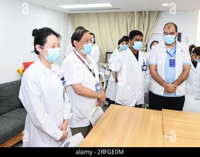 (230803) -- NANJING, 3 août 2023 (Xinhua) -- Fan Zhining (2e L), expert en endoscopie digestive, assiste à une séance matinale avec des travailleurs médicaux étrangers d'un séminaire médical à l'hôpital de la province de Jiangsu à Nanjing, capitale de la province de Jiangsu en Chine orientale, le 1 août 2023. Ces dernières années, l'hôpital de la province de Jiangsu a coopéré avec des institutions médicales au Pakistan, en Égypte et dans d'autres pays et régions dans le domaine de l'endoscopie digestive pour promouvoir la coopération médicale dans le cadre de l'Initiative ceinture et route. (Xinhua/Ji Chunpeng) Banque D'Images