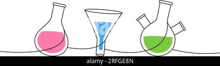 Équipement en verre de laboratoire dessin continu coloré d'une ligne. Flacon à fond rond, entonnoir de filtration continu, illustration d'une ligne. Illustration de Vecteur
