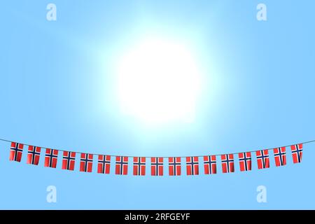 Magnifique drapeau de fête illustration 3d - de nombreux drapeaux de Norvège ou bannières accrochés sur la ficelle sur fond de ciel bleu Banque D'Images