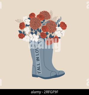 Un bouquet de fleurs est dans des bottes imperméables en caoutchouc. Texte - tomber amoureux. Illustration vectorielle pour la conception d'automne, carte postale, autocollant, etc Illustration de Vecteur