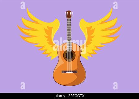 Personnage plat dessin guitare acoustique stylisée avec des ailes d'ange. Instrument de musique isolé sur fond bleu. Concert rock ou jazz. MU Banque D'Images