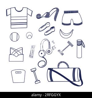 Jeu d'illustrations. Équipement de sport - raquette de tennis, haltères, sac, balles, corde à sauter, Baskets, balances, shorts, T-shirt, haut de sport dessiné en vecto Illustration de Vecteur