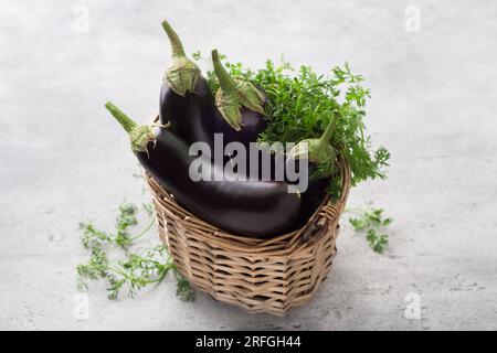 Panier en osier avec des aubergines mûres et des herbes sur un fond texturé gris. Banque D'Images