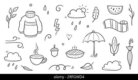 Ensemble de vecteurs de doodle d'automne. Dessin à la main style de croquis nature saison d'automne, fond d'icône d'automne. Feuilles tombantes d'automne, saison du vent, éléments d'esquisse de parapluie. Illustration vectorielle. Illustration de Vecteur