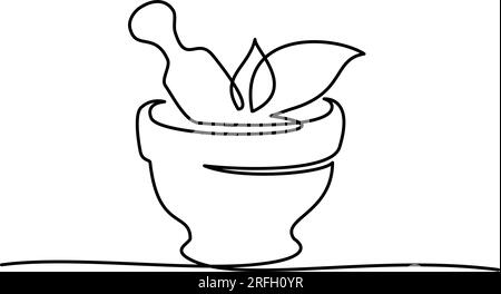 Mortier de pharmacie et pilon avec des herbes. Dessin continu d'une ligne. Illustration de Vecteur