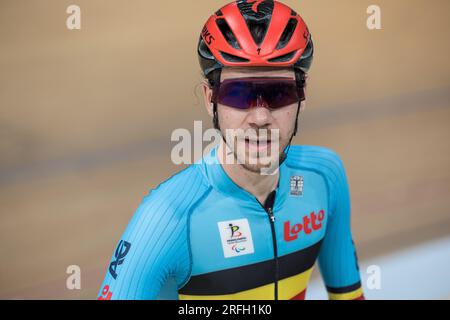 Glasgow, Royaume-Uni. 03 août 2023. Le Belge Niels Verschaeren photographié en action lors de l'épreuve de paracyclisme Men C5 Scratch Race à Glasgow, en Écosse, dans le cadre des Championnats du monde de cyclisme UCI, jeudi 03 août 2023. UCI organise les mondes avec toutes les disciplines cyclistes, cyclisme sur route, cyclisme en salle, VTT, course BMX, Paracyclisme routier et paracyclisme intérieur, à Glasgow du 05 au 13 août. BELGA PHOTO DAVID PINTENS crédit : Belga News Agency/Alamy Live News Banque D'Images